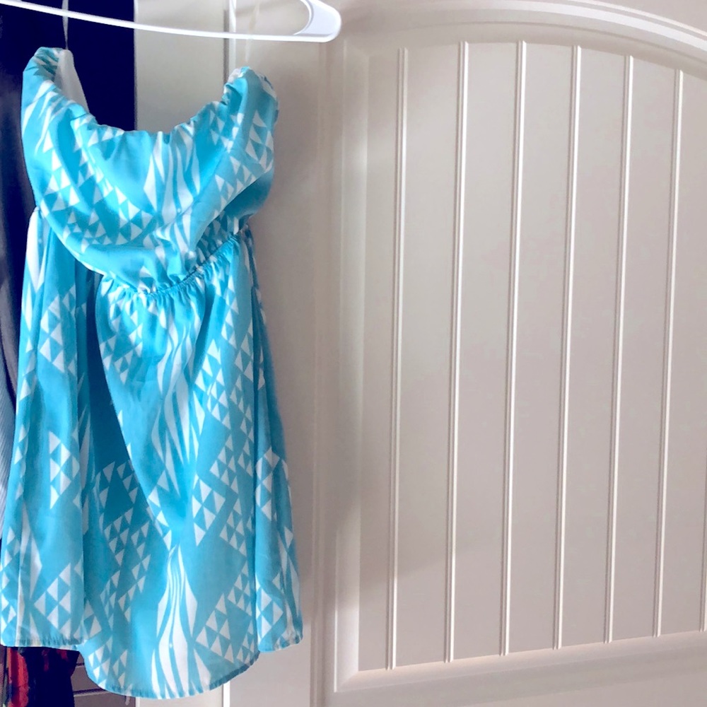 Strapless Sky Blue And White Patterned Dress - image 1